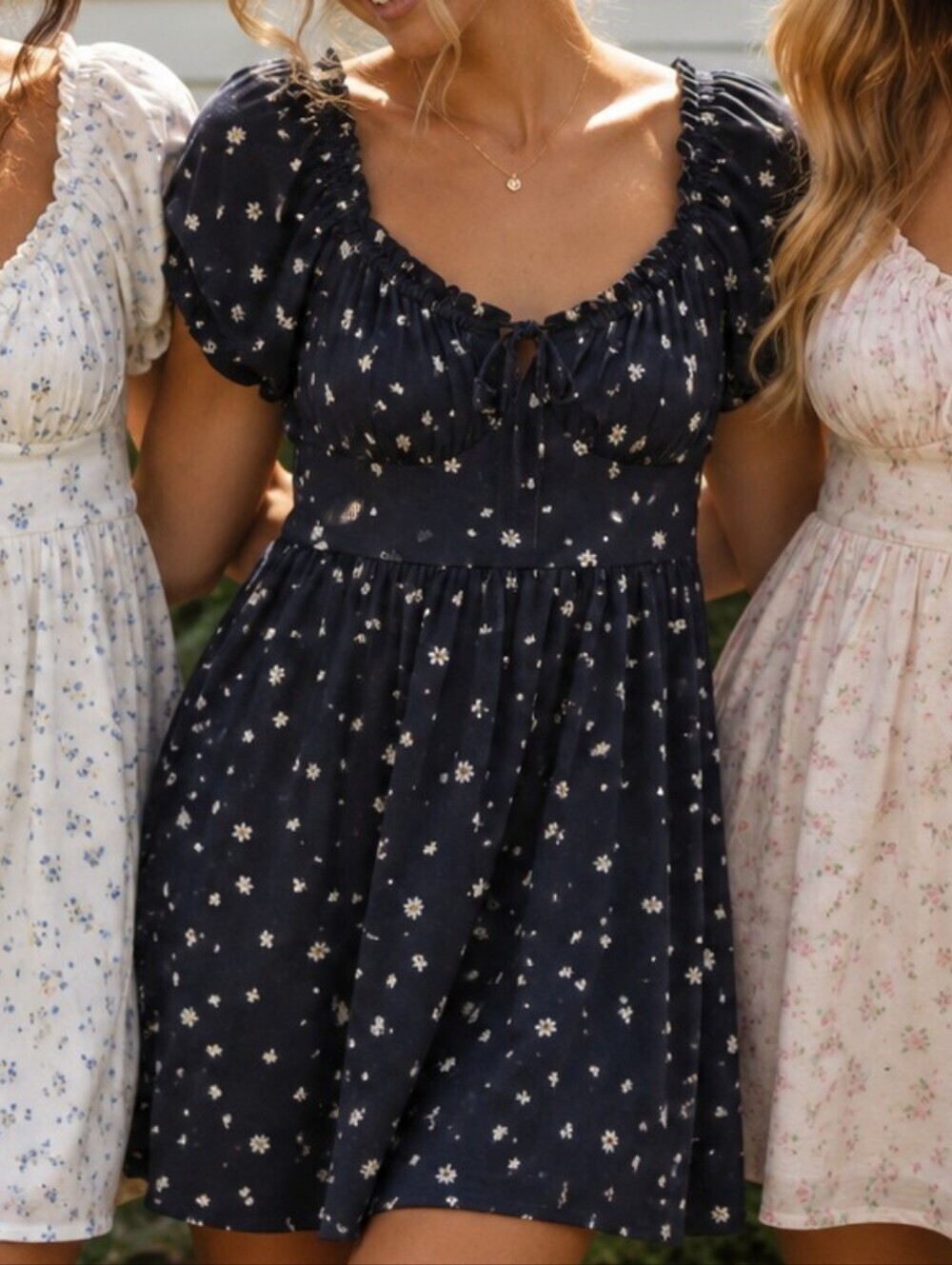 SO Black Mini Dress Daisy Print Babydoll Off Shoulder Milkmaid Romantic M V-neck